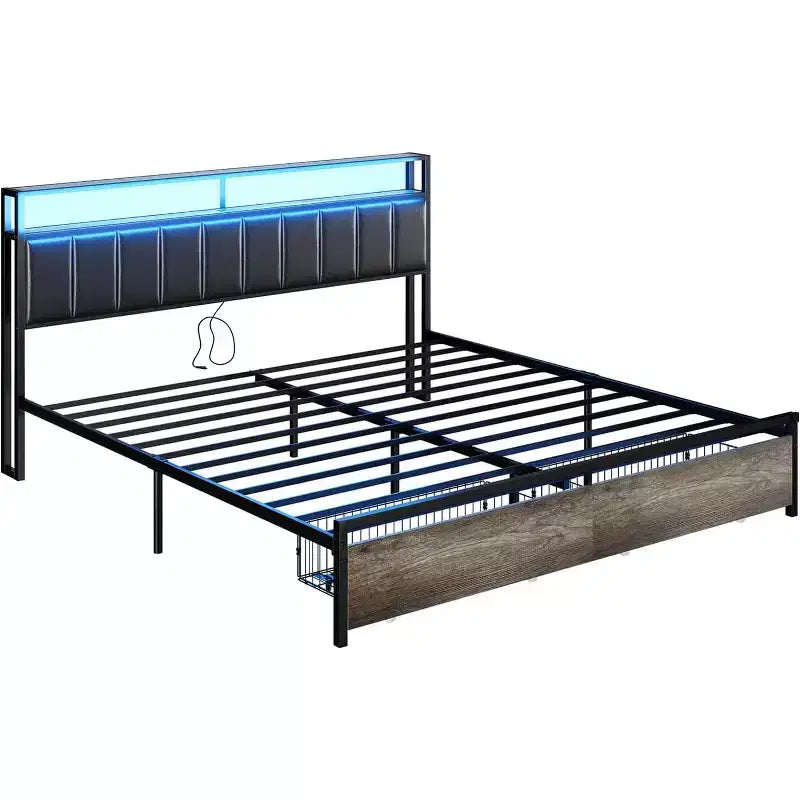 AMERLIFE LED Bed Frame with Drawers, 2-Tier Storage and Charging Station