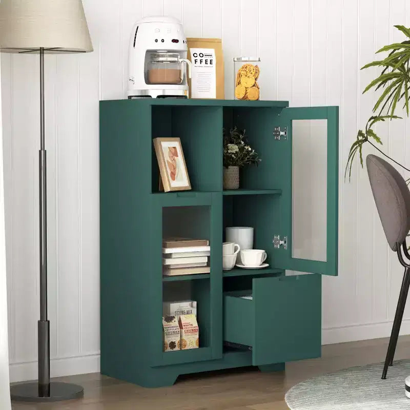MDF painted Cabinet with Glass Doors and drawer, open storage space, White ,Bedroom, Living room
