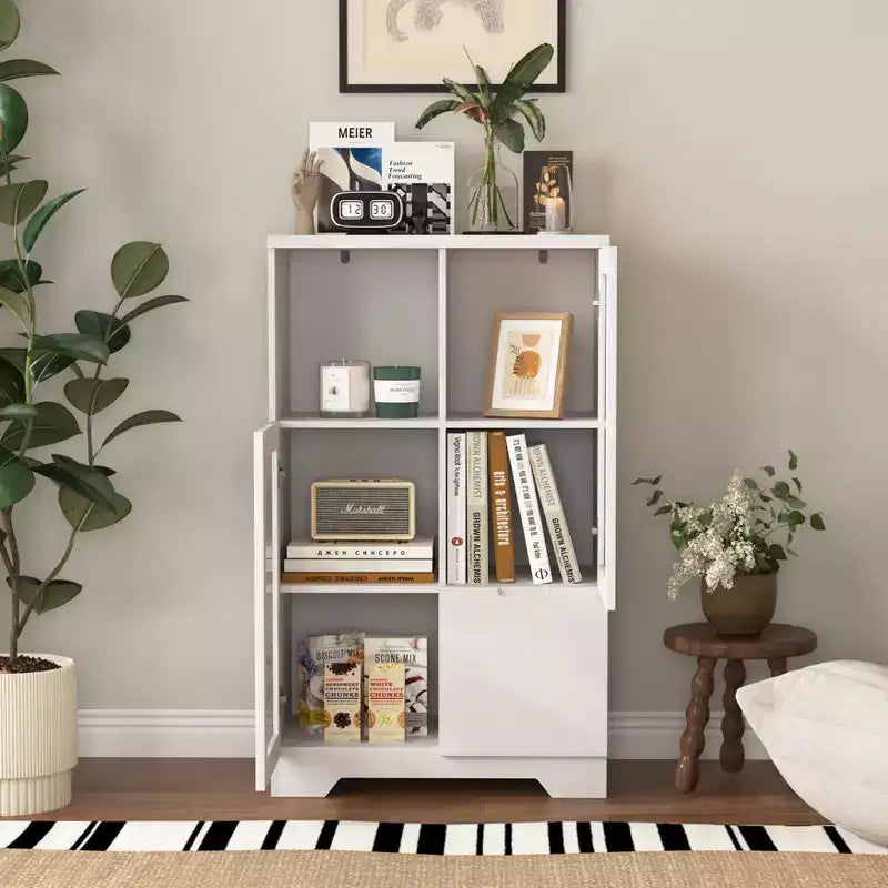 MDF painted Cabinet with Glass Doors and drawer, open storage space, White ,Bedroom, Living room