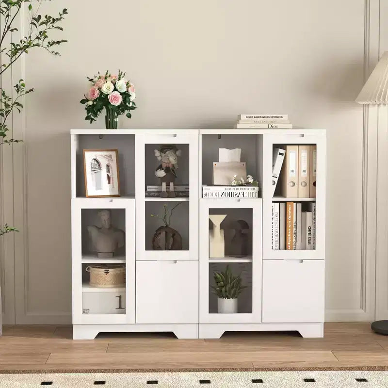 MDF painted Cabinet with Glass Doors and drawer, open storage space, White ,Bedroom, Living room