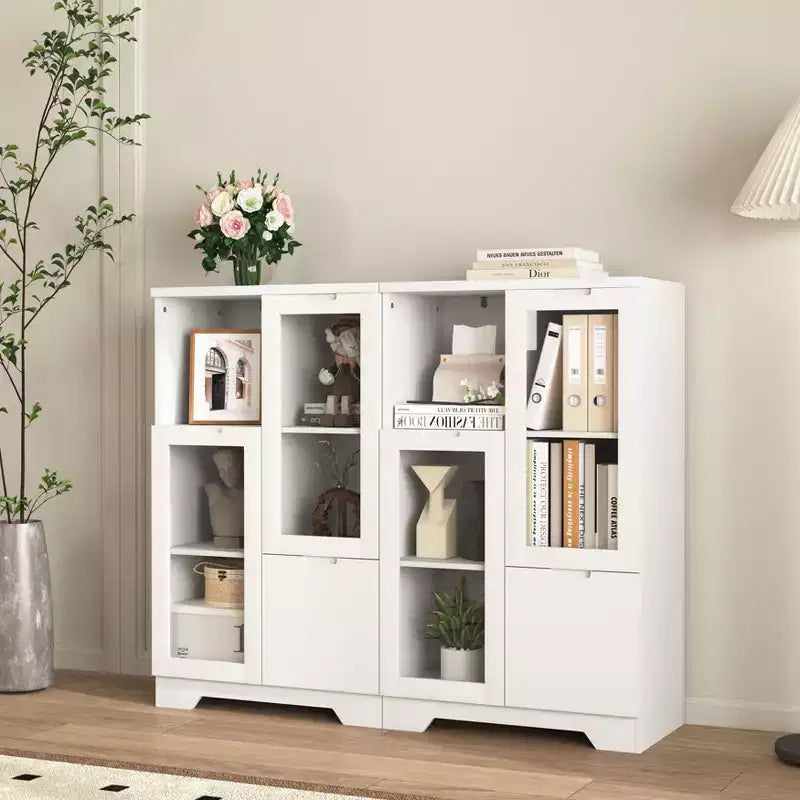 MDF painted Cabinet with Glass Doors and drawer, open storage space, White ,Bedroom, Living room