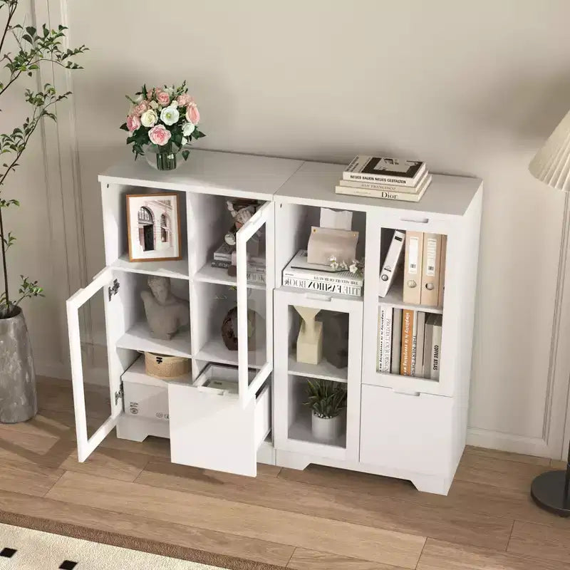 MDF painted Cabinet with Glass Doors and drawer, open storage space, White ,Bedroom, Living room
