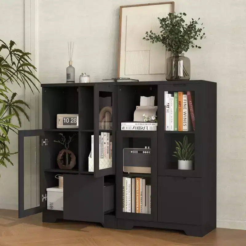 MDF painted Cabinet with Glass Doors and drawer, open storage space, White ,Bedroom, Living room