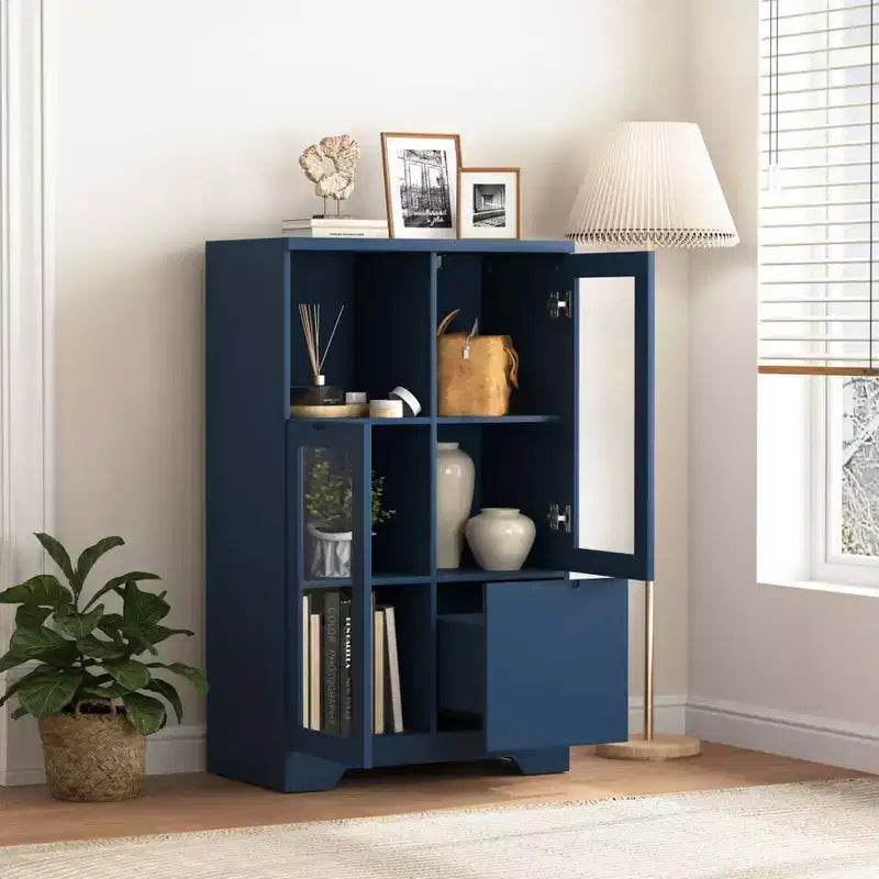 MDF painted Cabinet with Glass Doors and drawer, open storage space, White ,Bedroom, Living room