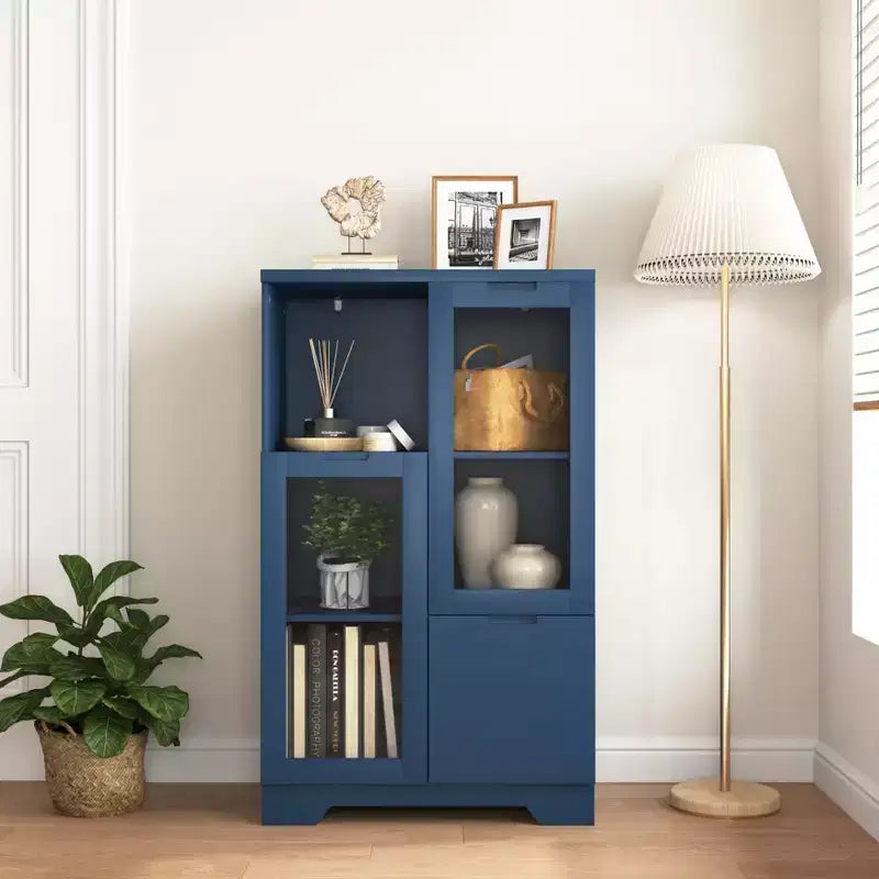 MDF painted Cabinet with Glass Doors and drawer, open storage space, White ,Bedroom, Living room