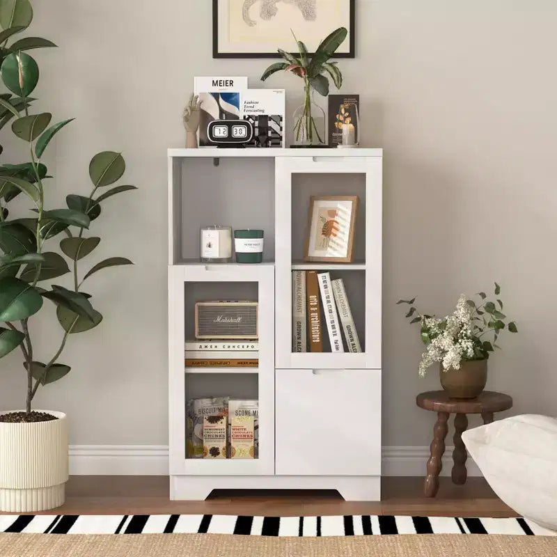 MDF painted Cabinet with Glass Doors and drawer, open storage space, White ,Bedroom, Living room