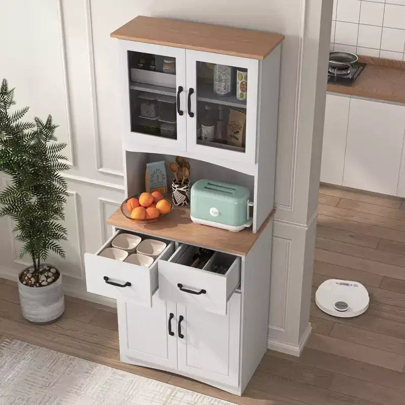 Wooden Kitchen Cabinet White Pantry Room Storage Microwave Cabinet with Framed Glass Doors and Drawer