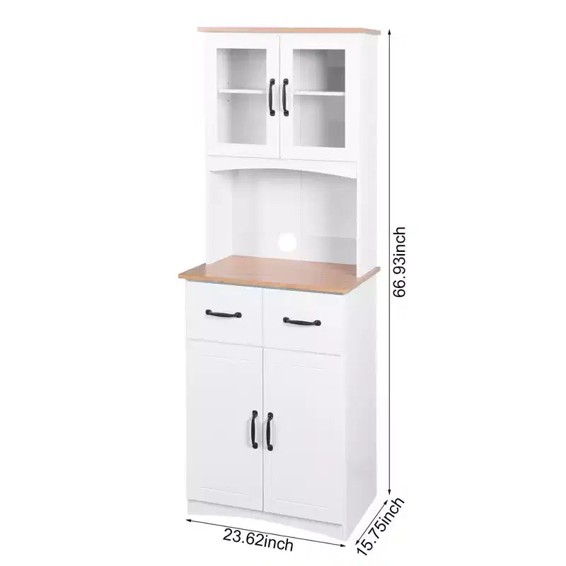 Wooden Kitchen Cabinet White Pantry Room Storage Microwave Cabinet with Framed Glass Doors and Drawer