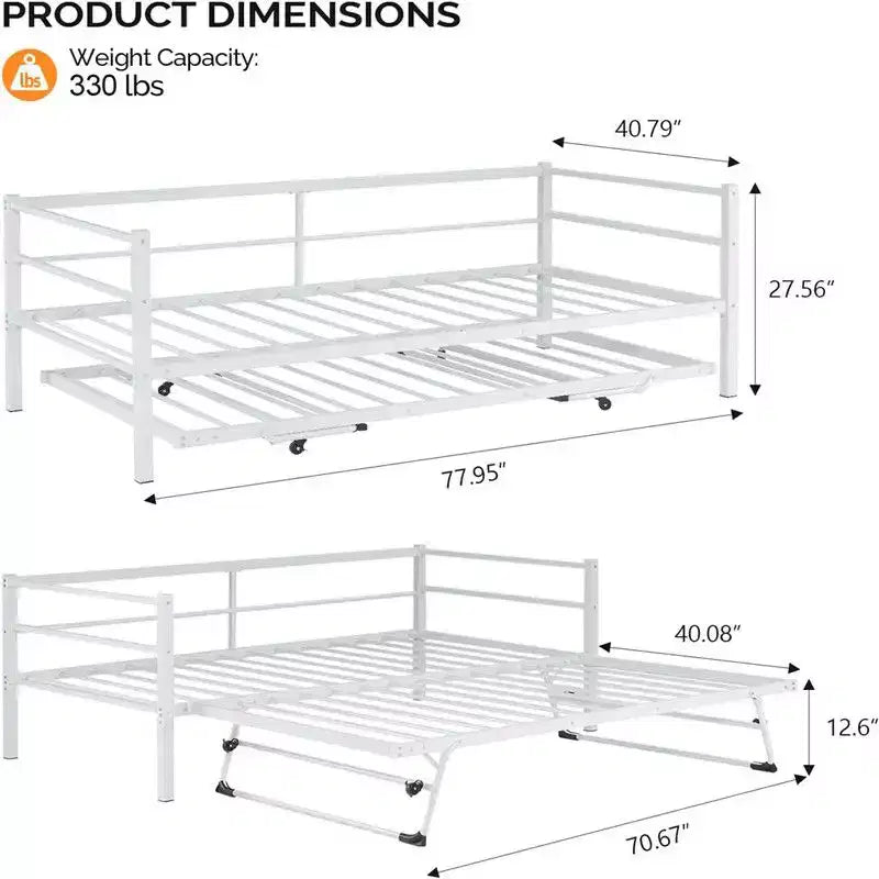 Karl Home White Twin Size Daybed with Pop Up Trundle Heavy Duty Metal Twin Bed with Trundle No Box Spring Needed