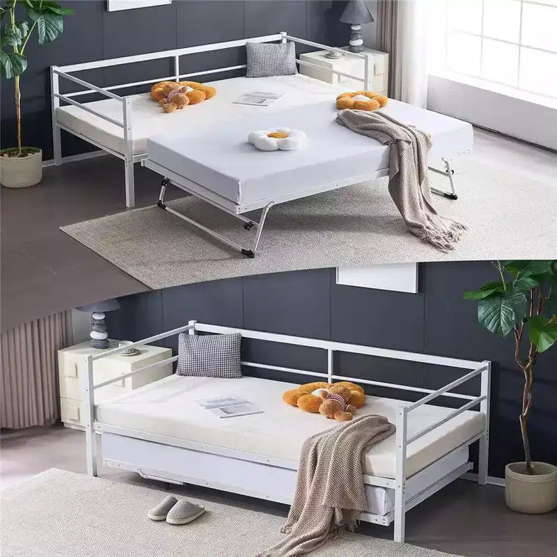 Karl Home White Twin Size Daybed with Pop Up Trundle Heavy Duty Metal Twin Bed with Trundle No Box Spring Needed