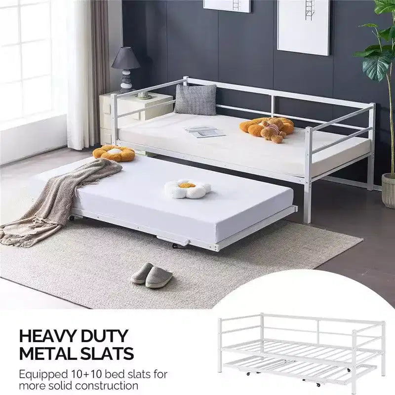 Karl Home White Twin Size Daybed with Pop Up Trundle Heavy Duty Metal Twin Bed with Trundle No Box Spring Needed
