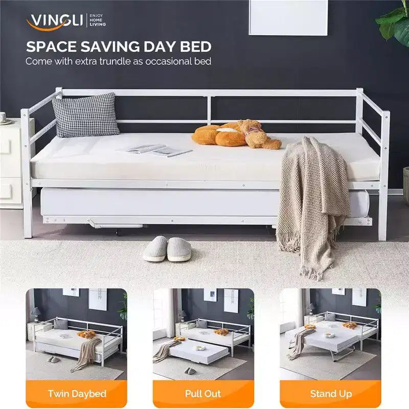 Karl Home White Twin Size Daybed with Pop Up Trundle Heavy Duty Metal Twin Bed with Trundle No Box Spring Needed