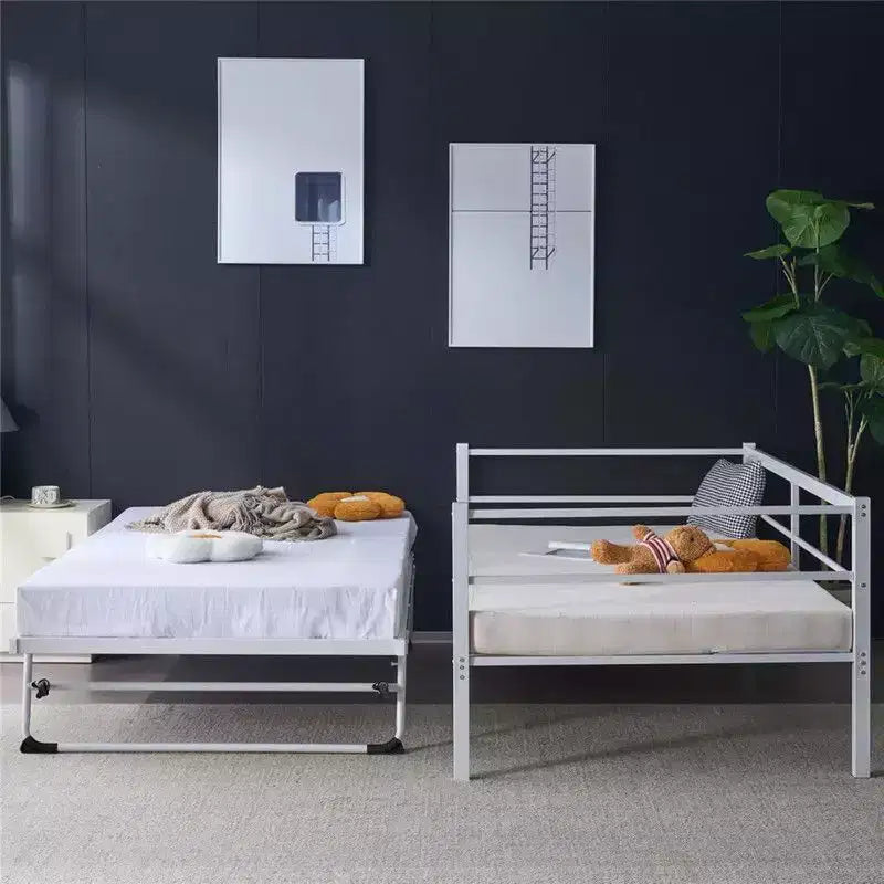 Karl Home White Twin Size Daybed with Pop Up Trundle Heavy Duty Metal Twin Bed with Trundle No Box Spring Needed