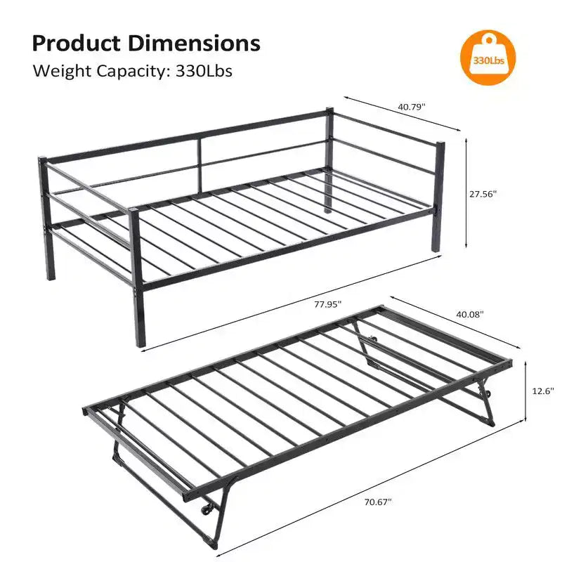 Karl Home White Twin Size Daybed with Pop Up Trundle Heavy Duty Metal Twin Bed with Trundle No Box Spring Needed