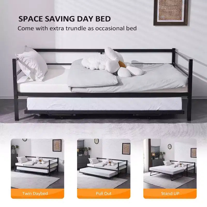 Karl Home White Twin Size Daybed with Pop Up Trundle Heavy Duty Metal Twin Bed with Trundle No Box Spring Needed