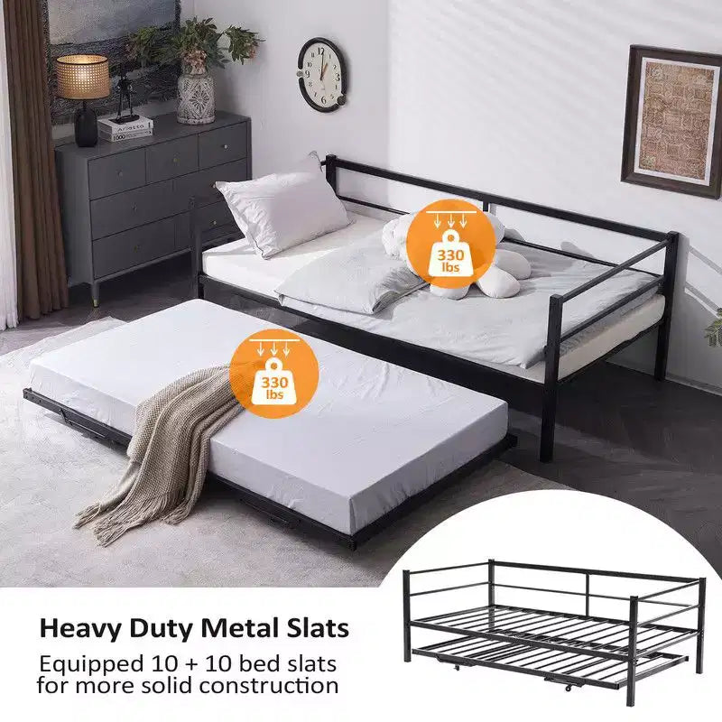 Karl Home White Twin Size Daybed with Pop Up Trundle Heavy Duty Metal Twin Bed with Trundle No Box Spring Needed