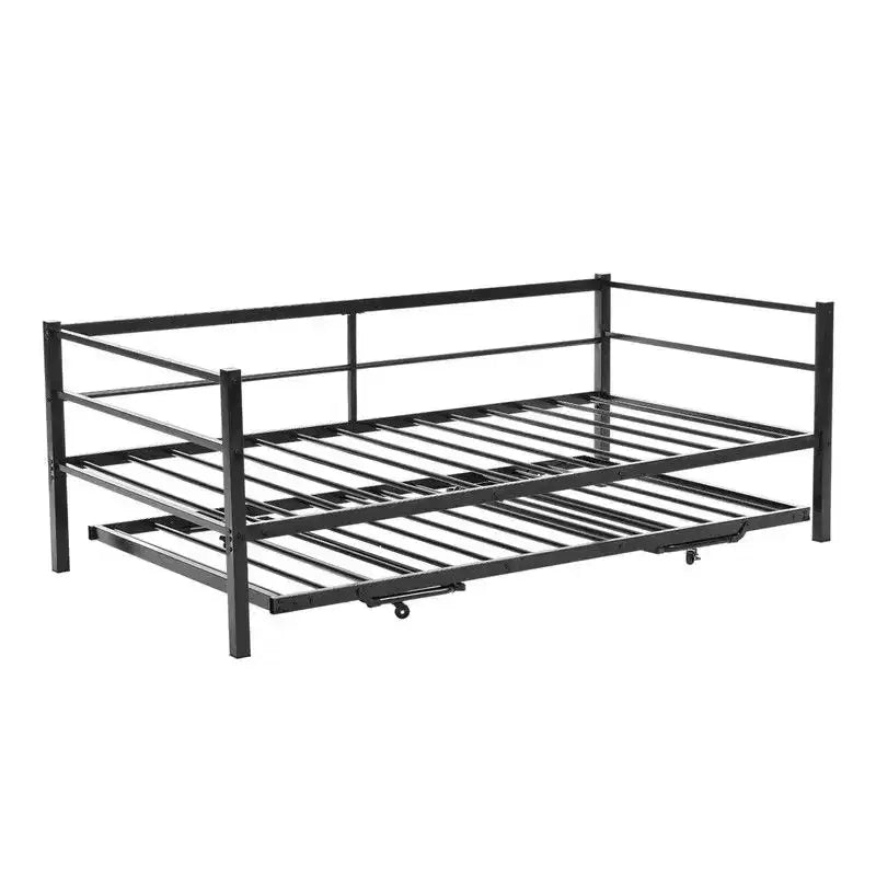 Karl Home White Twin Size Daybed with Pop Up Trundle Heavy Duty Metal Twin Bed with Trundle No Box Spring Needed