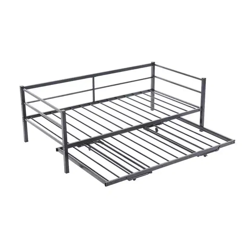 Karl Home White Twin Size Daybed with Pop Up Trundle Heavy Duty Metal Twin Bed with Trundle No Box Spring Needed