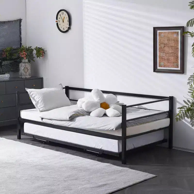 Karl Home White Twin Size Daybed with Pop Up Trundle Heavy Duty Metal Twin Bed with Trundle No Box Spring Needed