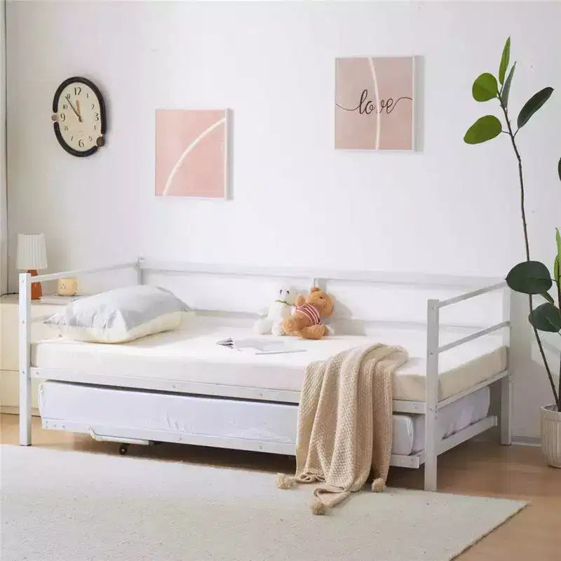 Karl Home White Twin Size Daybed with Pop Up Trundle Heavy Duty Metal Twin Bed with Trundle No Box Spring Needed