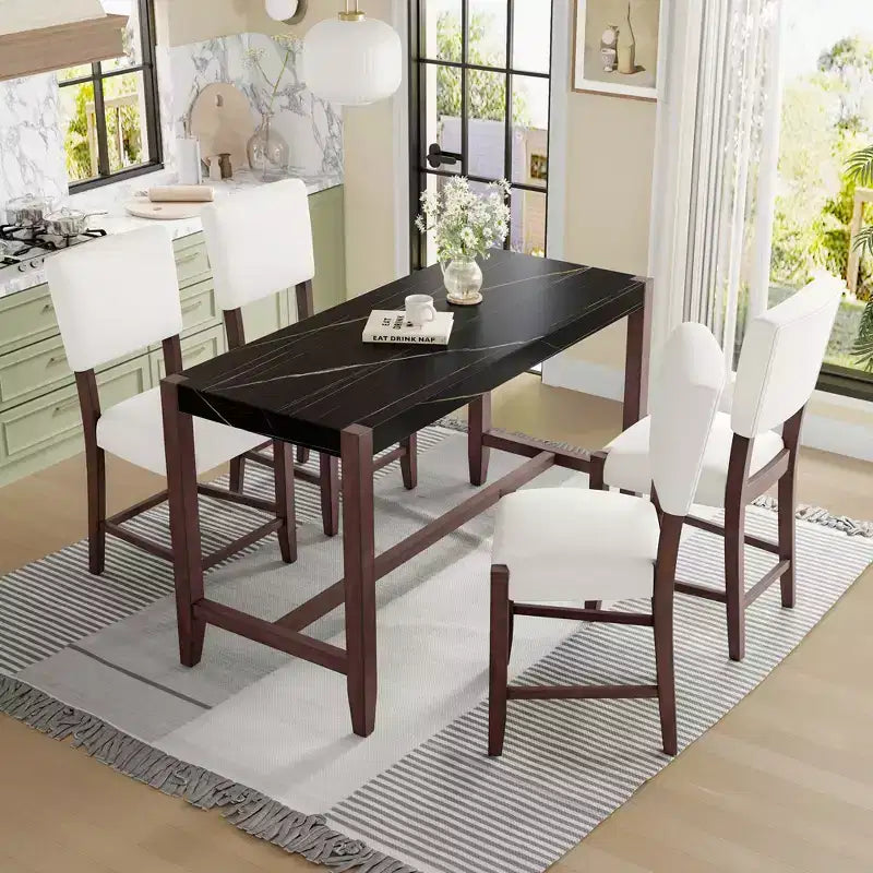 5 PCS Bar Height Dining Set with 4 Upholstered Bar Stool&Faux Marble Table, Counter Height Dining Set Bistro Dining Set, Mid-century Modern-ModernLuxe