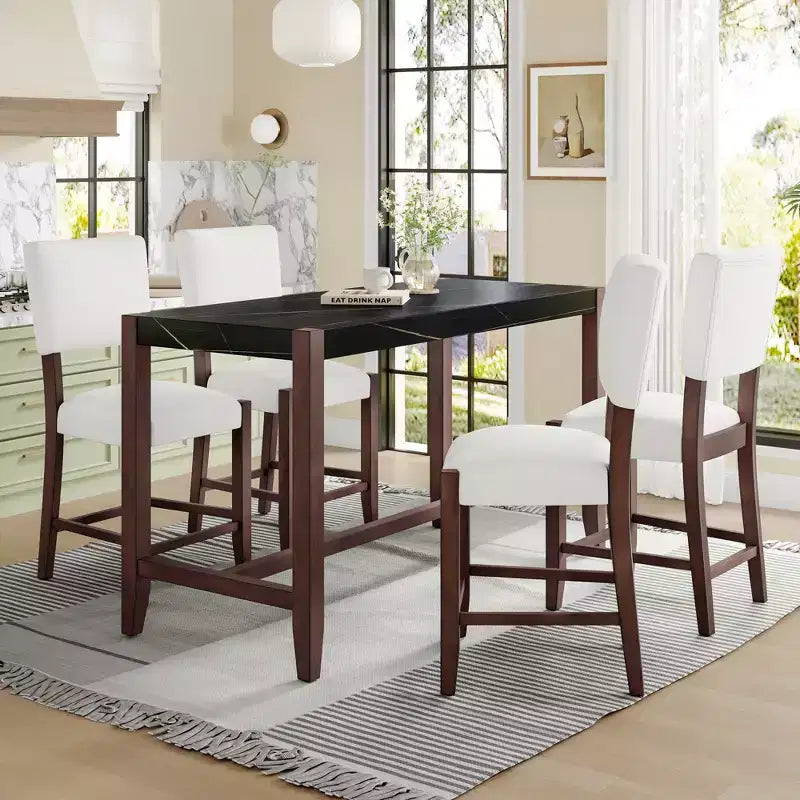 5 PCS Bar Height Dining Set with 4 Upholstered Bar Stool&Faux Marble Table, Counter Height Dining Set Bistro Dining Set, Mid-century Modern-ModernLuxe