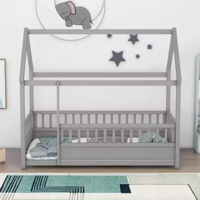 Okak Twin/Full Size Floor Bed Frame with House Roof Frame, Safety Fences, Wooden Low-Profile Bed Frame for Nursery to Big Kids Room