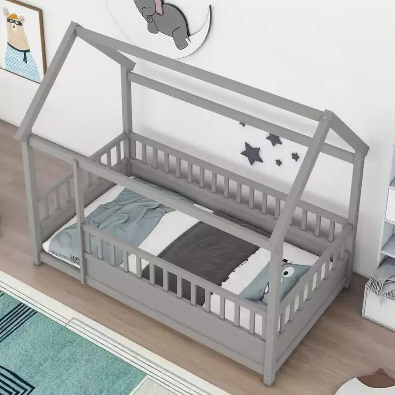 Okak Twin/Full Size Floor Bed Frame with House Roof Frame, Safety Fences, Wooden Low-Profile Bed Frame for Nursery to Big Kids Room