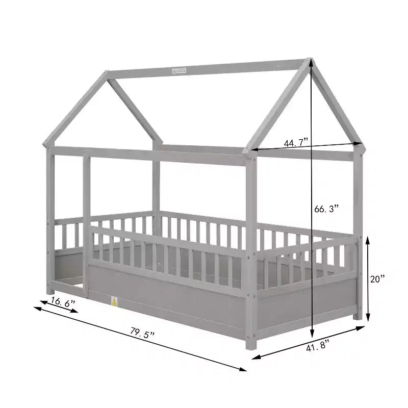 Okak Twin/Full Size Floor Bed Frame with House Roof Frame, Safety Fences, Wooden Low-Profile Bed Frame for Nursery to Big Kids Room