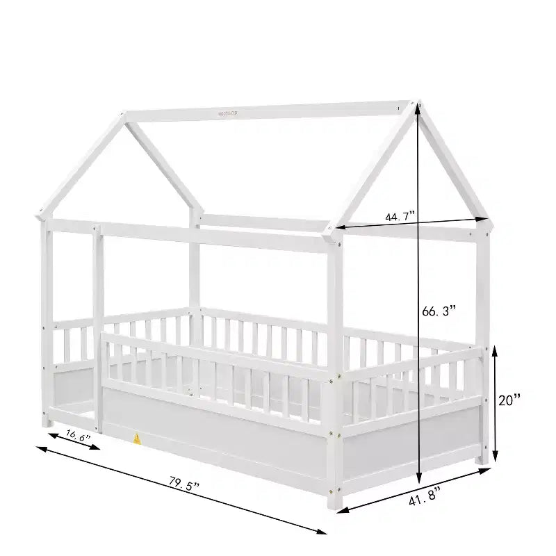Cadre de lit au sol Okak Twin/Full Size avec toit en forme de maison, barrières de sécurité, lit en bois à profil bas pour chambre d'enfant et de grand enfant