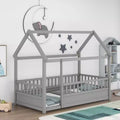 Cadre de lit au sol Okak Twin/Full Size avec toit en forme de maison, barrières de sécurité, lit en bois à profil bas pour chambre d'enfant et de grand enfant