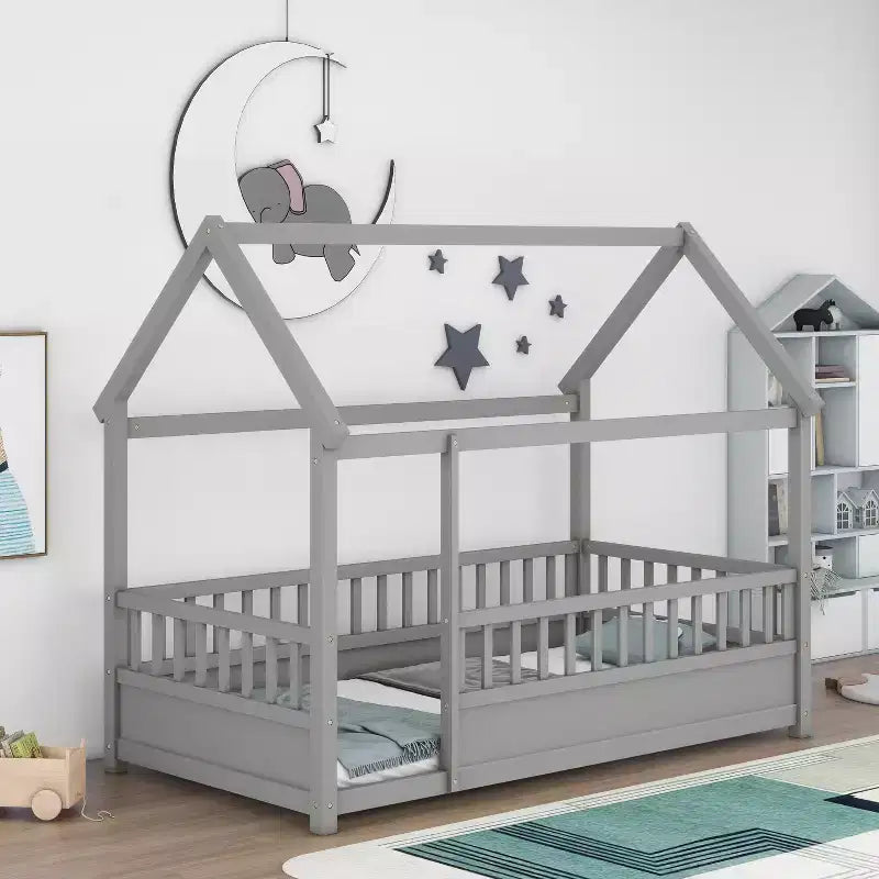 Okak Twin/Full Size Floor Bed Frame with House Roof Frame, Safety Fences, Wooden Low-Profile Bed Frame for Nursery to Big Kids Room