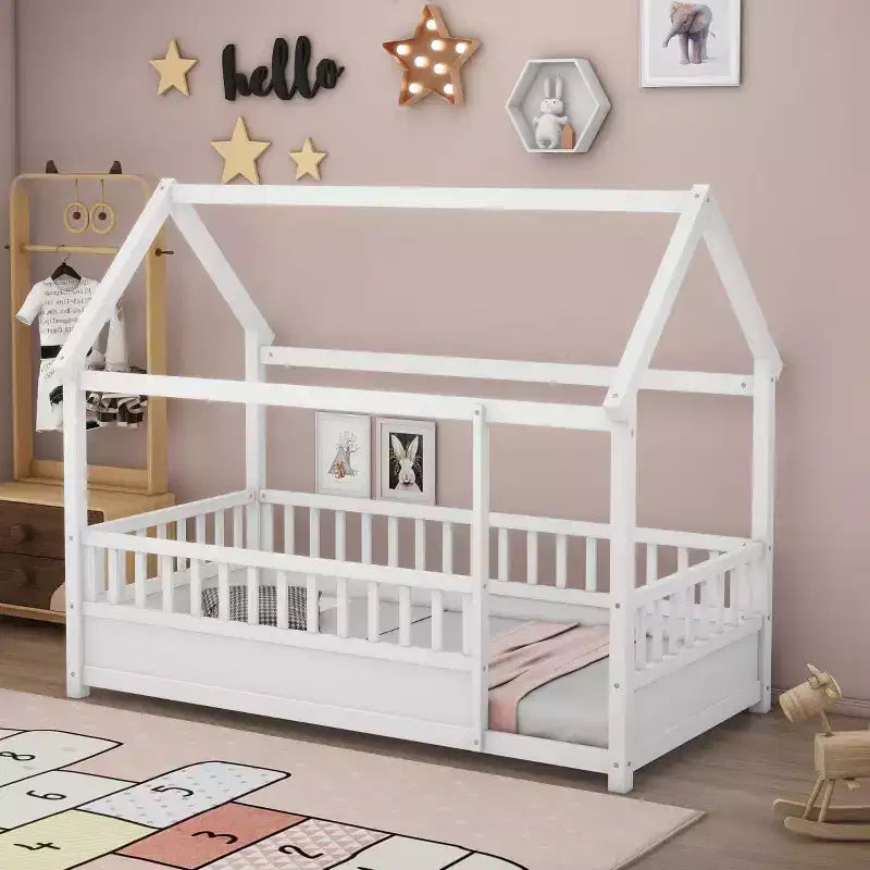 Okak Twin/Full Size Floor Bed Frame with House Roof Frame, Safety Fences, Wooden Low-Profile Bed Frame for Nursery to Big Kids Room