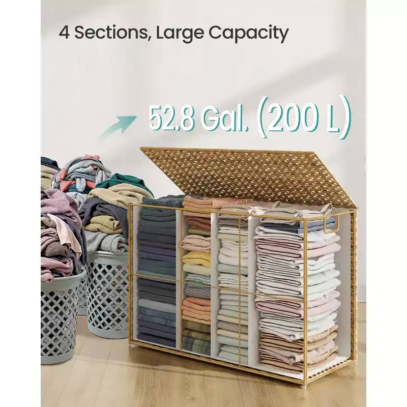 Natural Woven Laundry Hamper with Lid, Breathable Fabric Clothes Basket, Foldable Storage Bin for Home OrganizationNatural