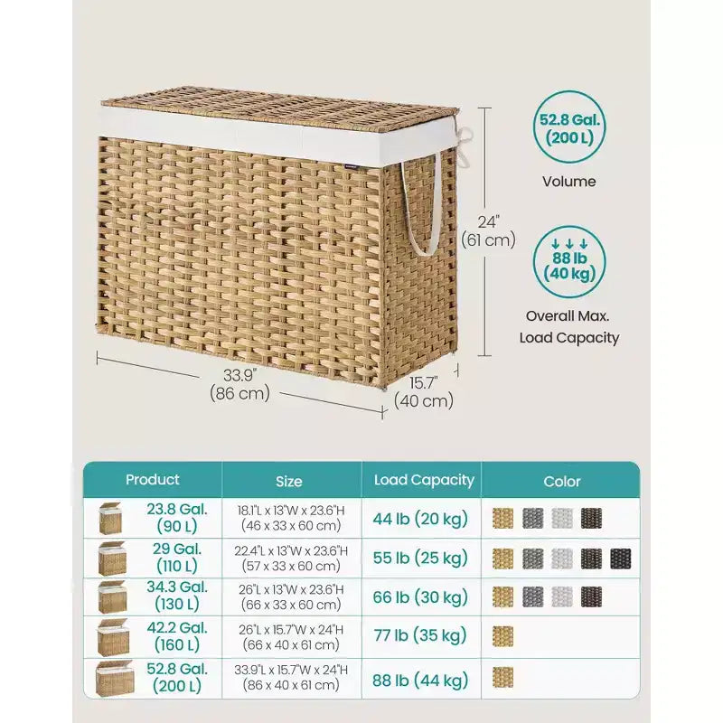 Natural Woven Laundry Hamper with Lid, Breathable Fabric Clothes Basket, Foldable Storage Bin for Home OrganizationNatural