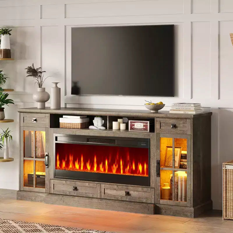 AMERLIFE 70 Large Fireplace TV Stand with 42 Fireplace, Farmhouse Entertainment Center, , Light Gray