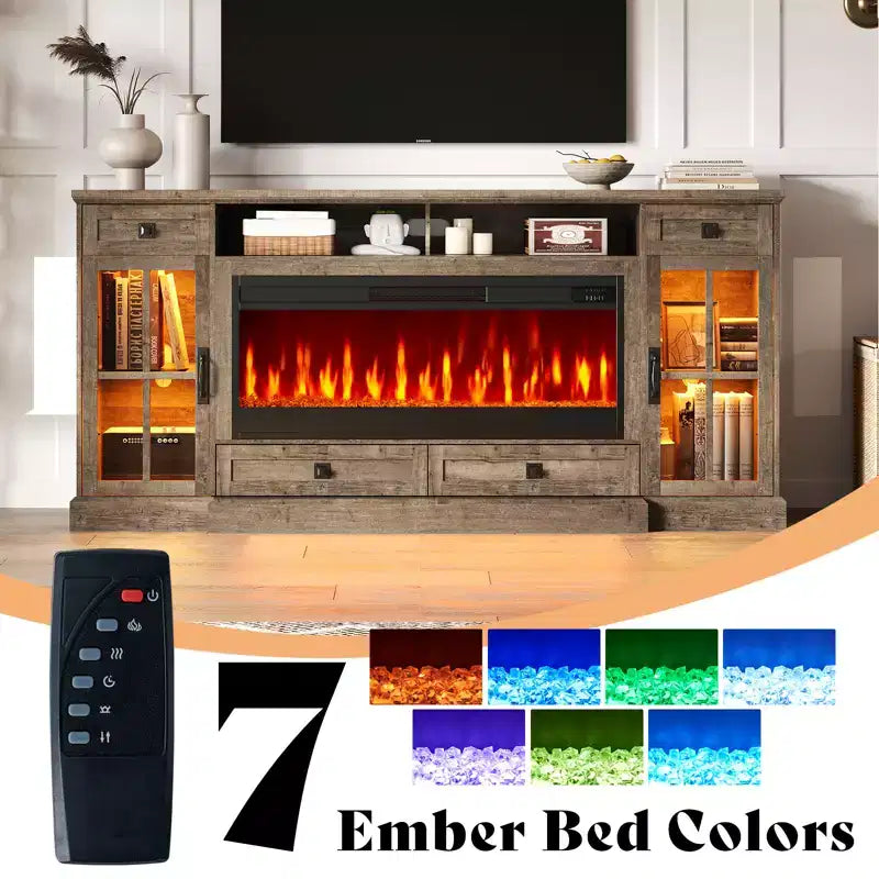 AMERLIFE 70 Large Fireplace TV Stand with 42 Fireplace, Farmhouse Entertainment Center, , Light Gray