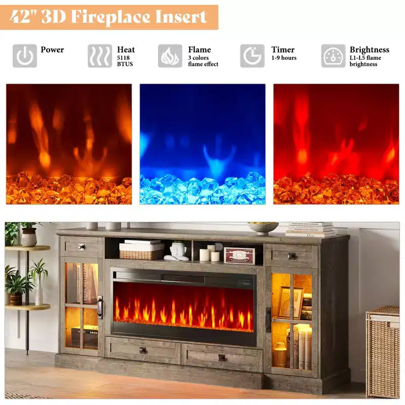 AMERLIFE 70 Large Fireplace TV Stand with 42 Fireplace, Farmhouse Entertainment Center, , Light Gray