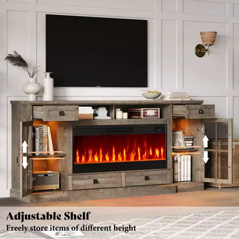 AMERLIFE 70 Large Fireplace TV Stand with 42 Fireplace, Farmhouse Entertainment Center, , Light Gray