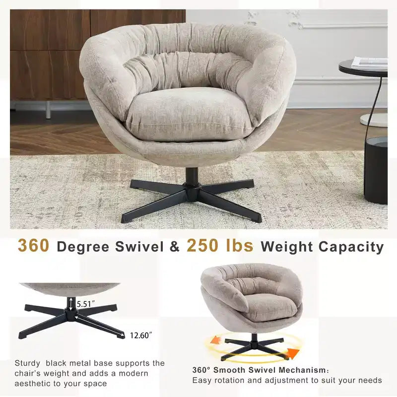 Fauteuil de bureau pivotant moderne en chenille Okak avec coussin amovible, chaise d'appoint confortable pour salon, appartement