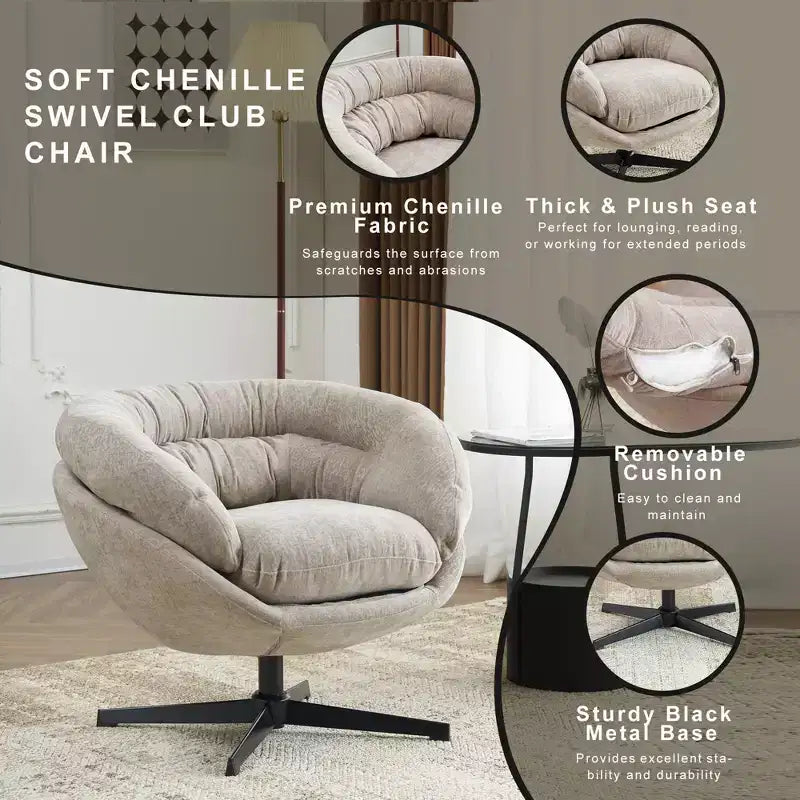 Fauteuil de bureau pivotant moderne en chenille Okak avec coussin amovible, chaise d'appoint confortable pour salon, appartement