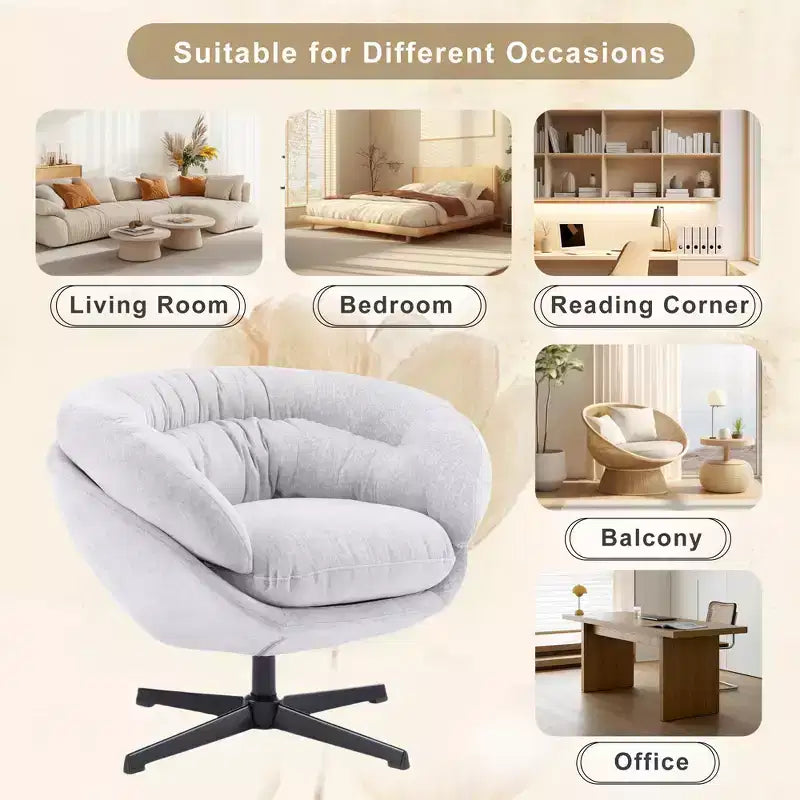 Fauteuil de bureau pivotant moderne en chenille Okak avec coussin amovible, chaise d'appoint confortable pour salon, appartement