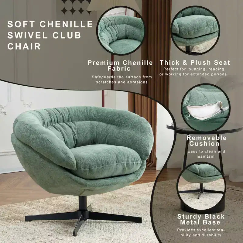 Fauteuil de bureau pivotant moderne en chenille Okak avec coussin amovible, chaise d'appoint confortable pour salon, appartement