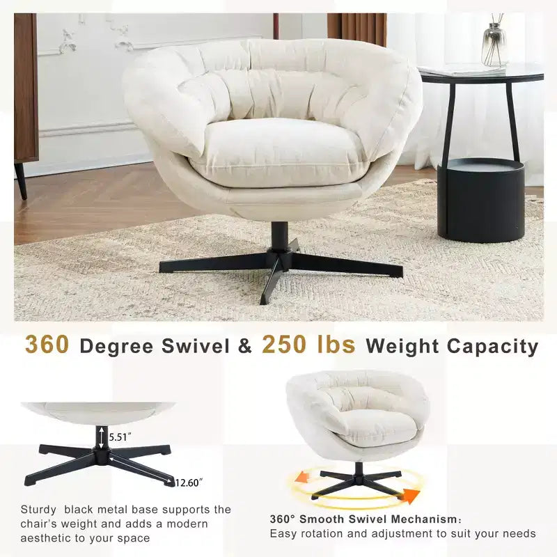 Fauteuil de bureau pivotant moderne en chenille Okak avec coussin amovible, chaise d'appoint confortable pour salon, appartement