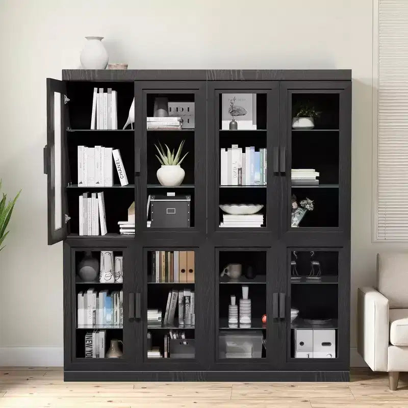 67x62x16 Wood Accent Sideboard Cabinet in Black, Storage Organizer with Adjustable Shelves and Glass Doors for Kitchen Bedroom Living/Dinning Room