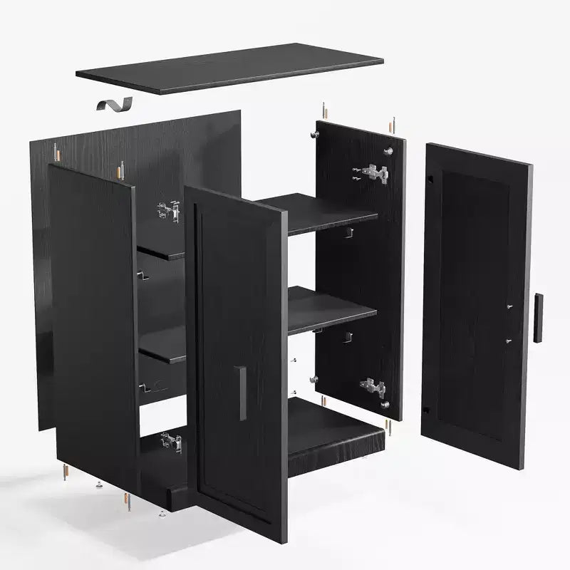 Buffet bahut en bois 67x62x16 Noir, Organisateur de rangement avec étagères réglables et portes en verre pour cuisine, chambre, salon/salle à manger
