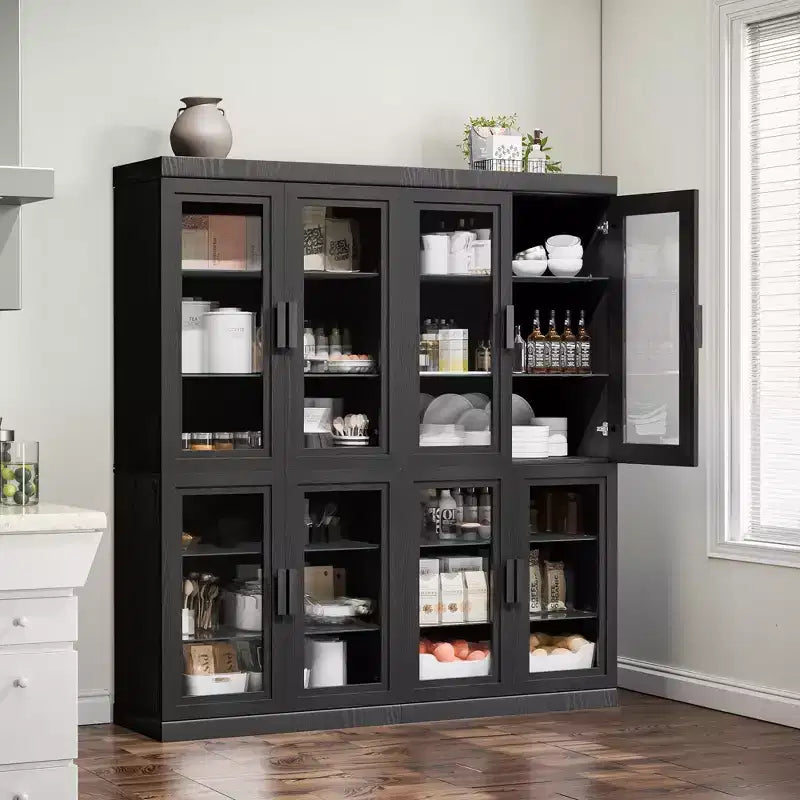 Buffet bahut en bois 67x62x16 Noir, Organisateur de rangement avec étagères réglables et portes en verre pour cuisine, chambre, salon/salle à manger