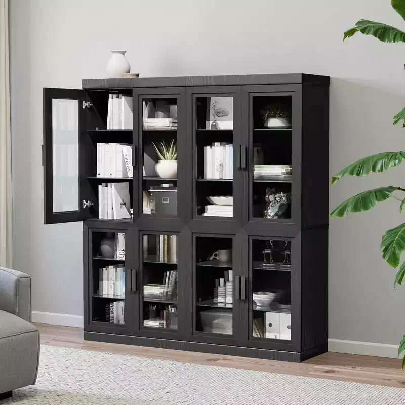 Buffet bahut en bois 67x62x16 Noir, Organisateur de rangement avec étagères réglables et portes en verre pour cuisine, chambre, salon/salle à manger