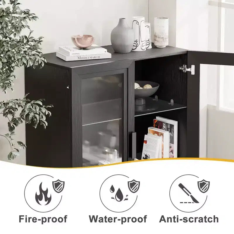 Buffet bahut en bois 67x62x16 Noir, Organisateur de rangement avec étagères réglables et portes en verre pour cuisine, chambre, salon/salle à manger