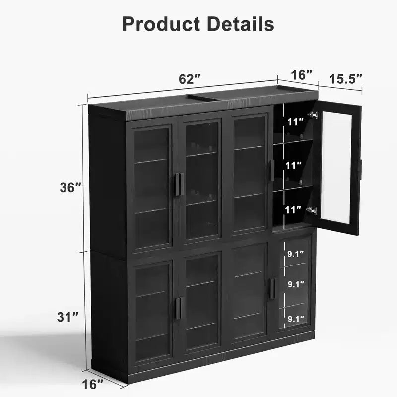 Buffet bahut en bois 67x62x16 Noir, Organisateur de rangement avec étagères réglables et portes en verre pour cuisine, chambre, salon/salle à manger